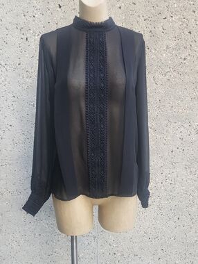 RW & Co Sheer Black Lace-Trim Blouse